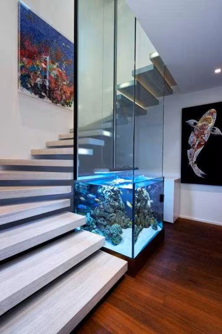 Standard photo of a staircase with aquarium